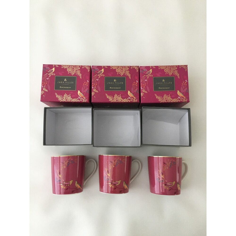 Sara Miller London Portmeirion Chelsea Pink Mugs 12 Oz Gold Set of 3 New Box